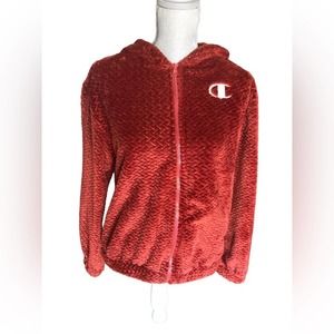 Champion Plush Zip-Up Hoodie in Deep Red with White Logo
